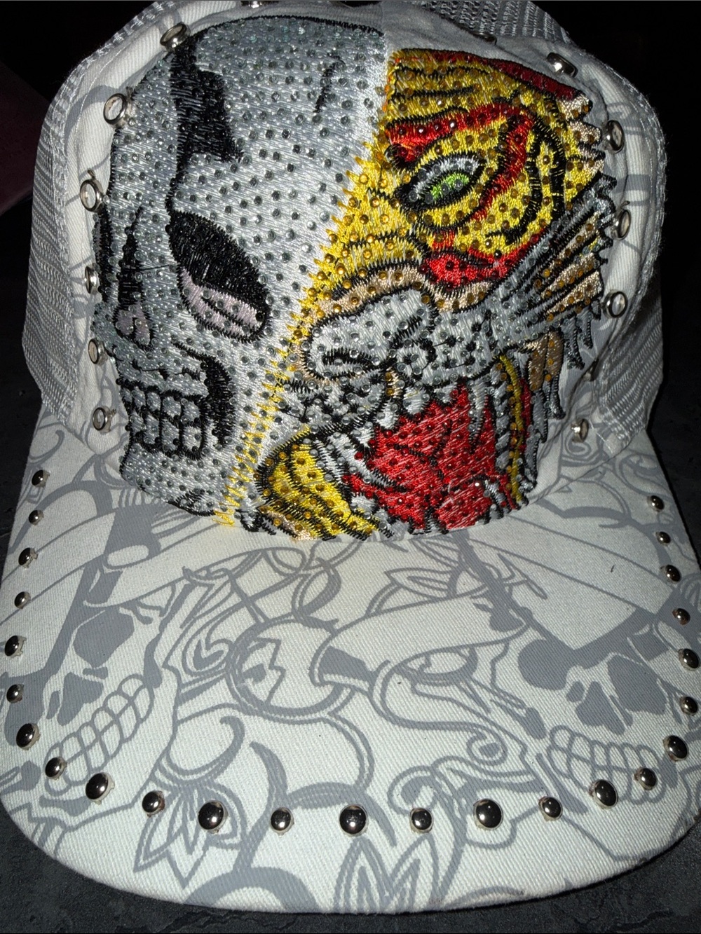 Love White Studded Trucker Hat with Skull & Tiger Embroidery